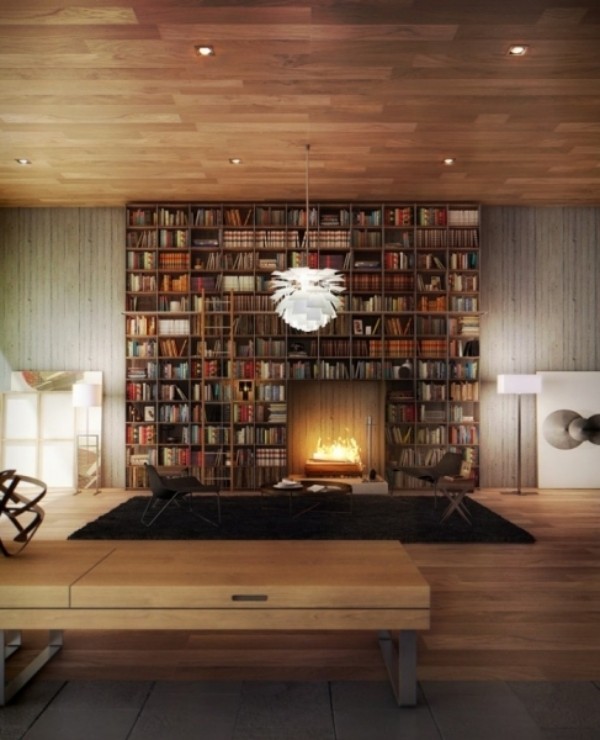 أفكار للمكتبة المنزلية سقف خشبي أضواء مدمجة في الموقد