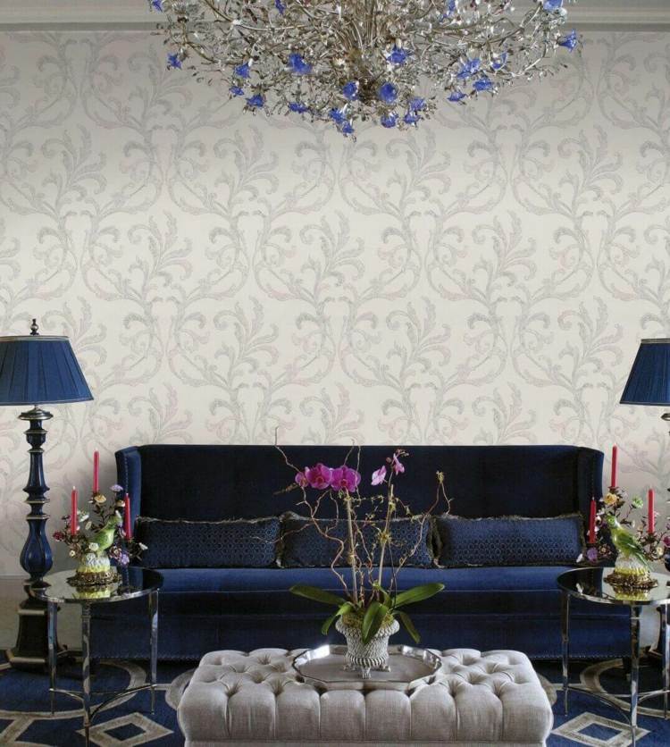 الفن الحديث-ورق الجدران-غرفة المعيشة-الفن-ديكو-الأزرق الداكن-أريكة-المخمل-الأوركيد