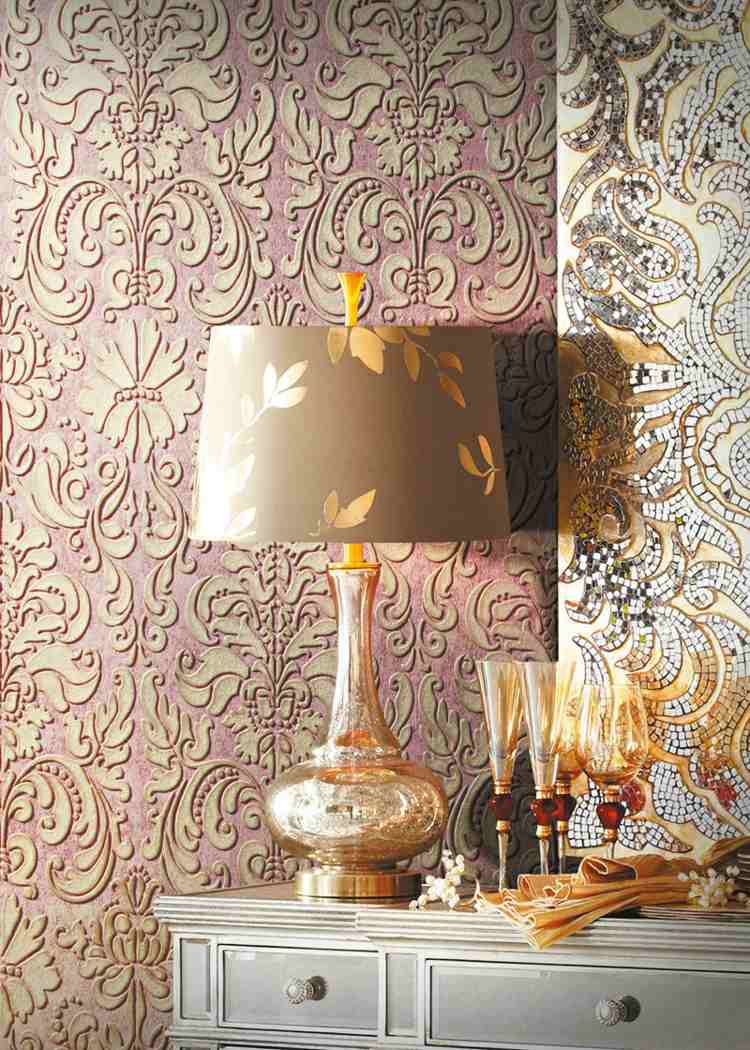 ورق جدران على طراز فن الآرت نوفو - بلكنة ذهبية - تكسية جدارية - وردية - خزانة ذات أدراج
