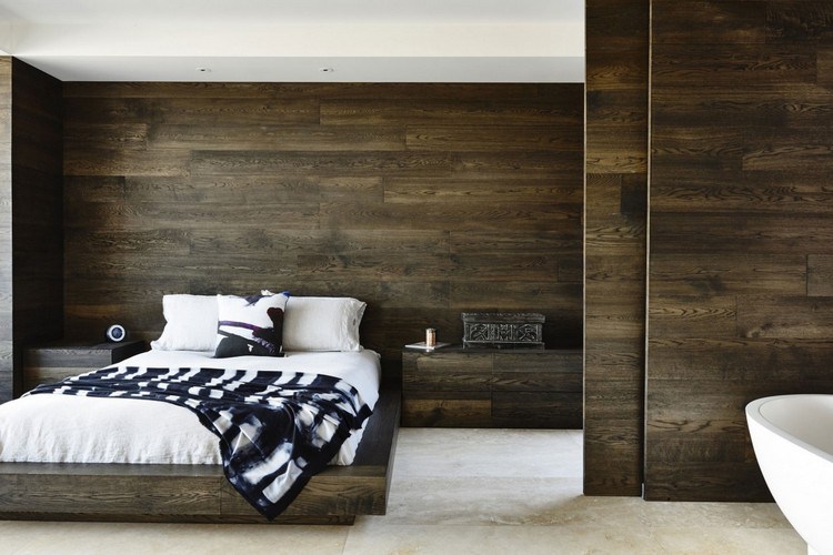 بلاط من الحجر الجيري - أرضيات - خشب داكن - سرير - قاعدة - تصميم حائط