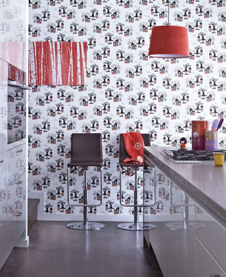 مطبخ-جدار-تصميم-أفكار-ورق حائط-أحمر-أبيض-أسود