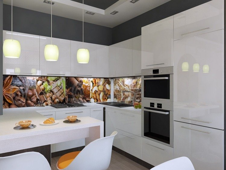 تصميم جدار المطبخ - أفكار - رمادي داكن - لون الحائط - شديد اللمعان - واجهات بيضاء - زجاج - خلفي - صورة عزر