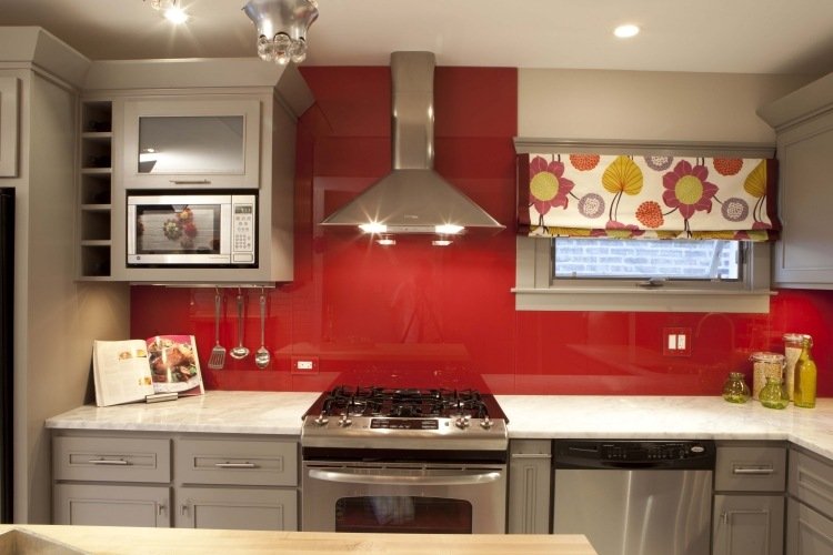 مطبخ - حائط - تصميم - أفكار - زجاج - ظهر - جدار - أحمر - بيج - دهان حائط