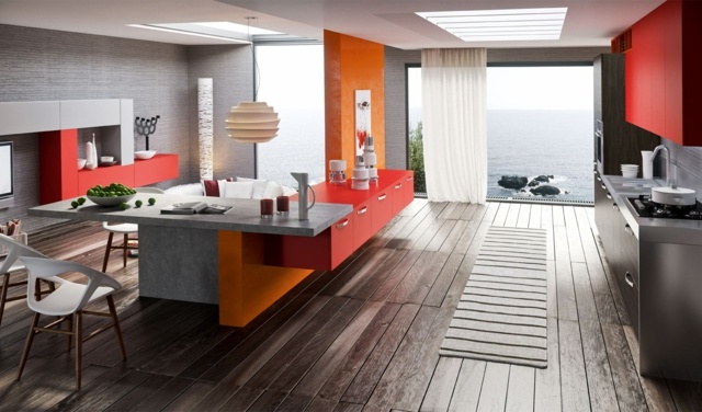 2014 أحمر برتقالي رمادي مطبخ جزيرة رمادي اللون عداد مساحة عمل كبيرة