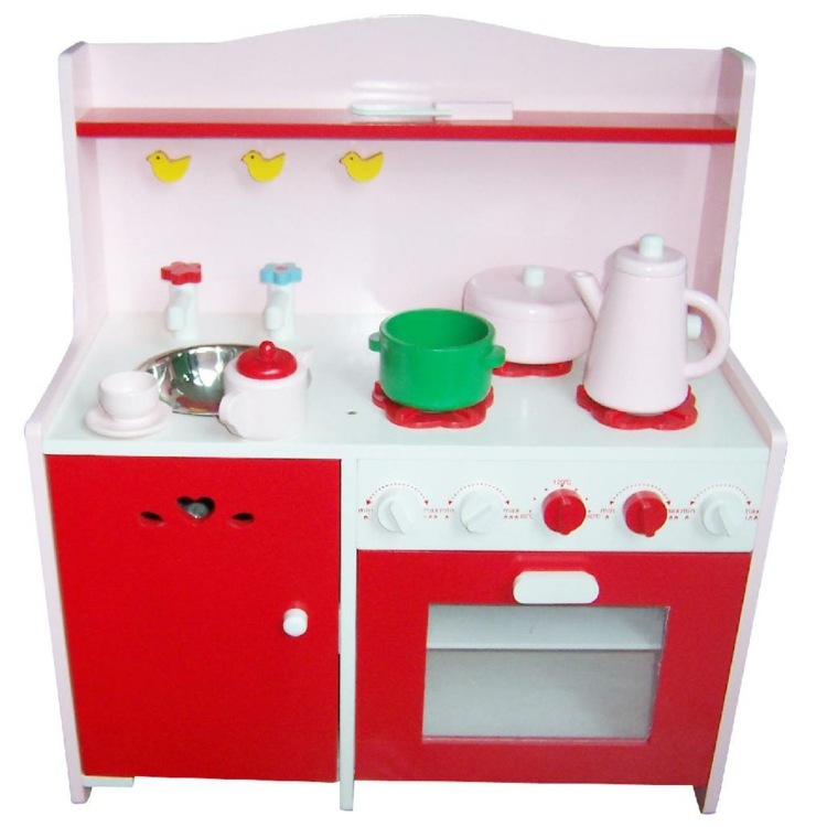 أحمر-أبيض-أطفال-مطبخ مصنوع من الخشب