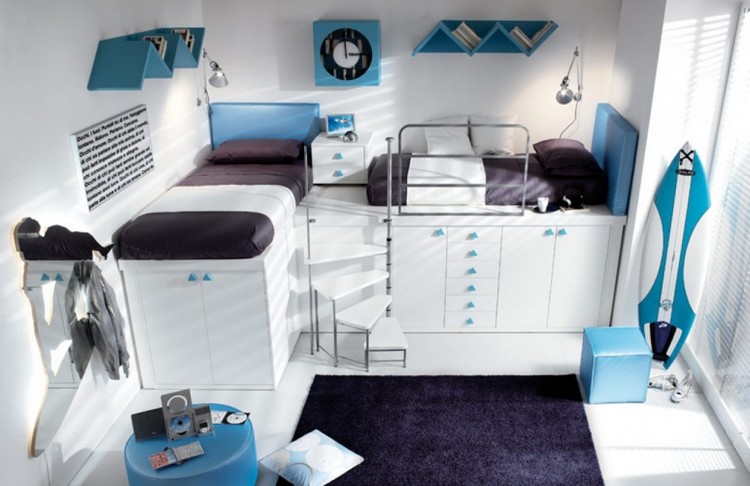 ديكورات غرف الأطفال-أفكار-شعار-تصفح-سرير علوي-أبيض-أزرق-لهجات