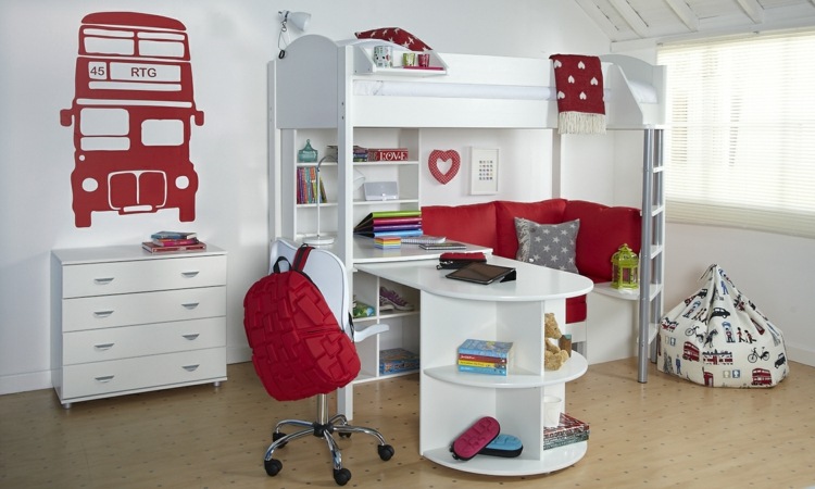 غرفة الأطفال فتاة 2015 سرير علوي أحمر منطقة جلوس ملصقات الحائط مكتب