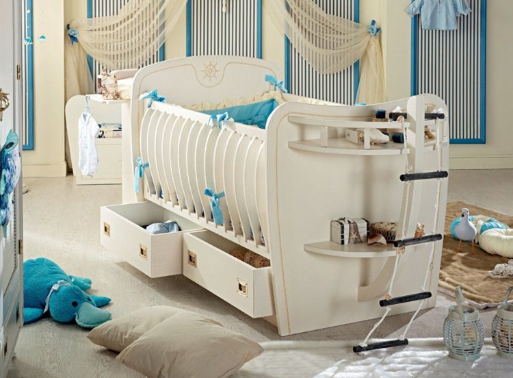 سرير أطفال ينمو مع سرير أطفال أبيض اللون ديكور بحري