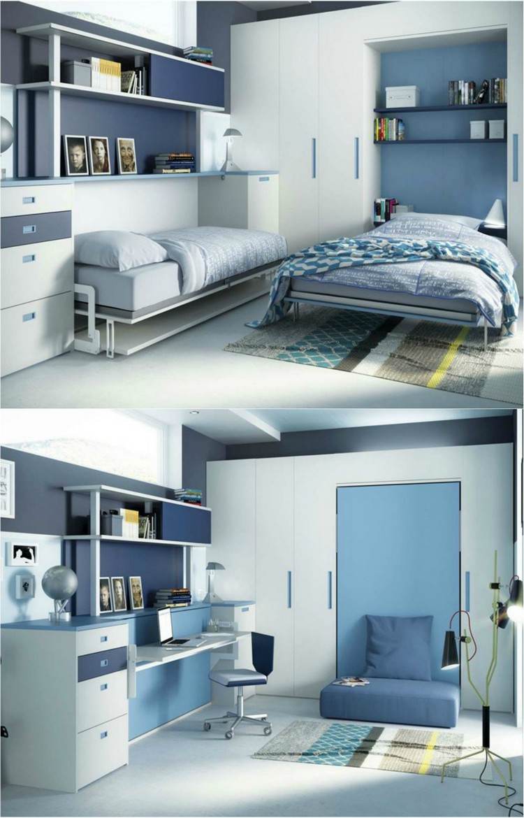 غرفة الأطفال وأثاث غرفة الشباب - سرير قابل للطي - مكتب - أريكة - أبيض - أزرق - 958