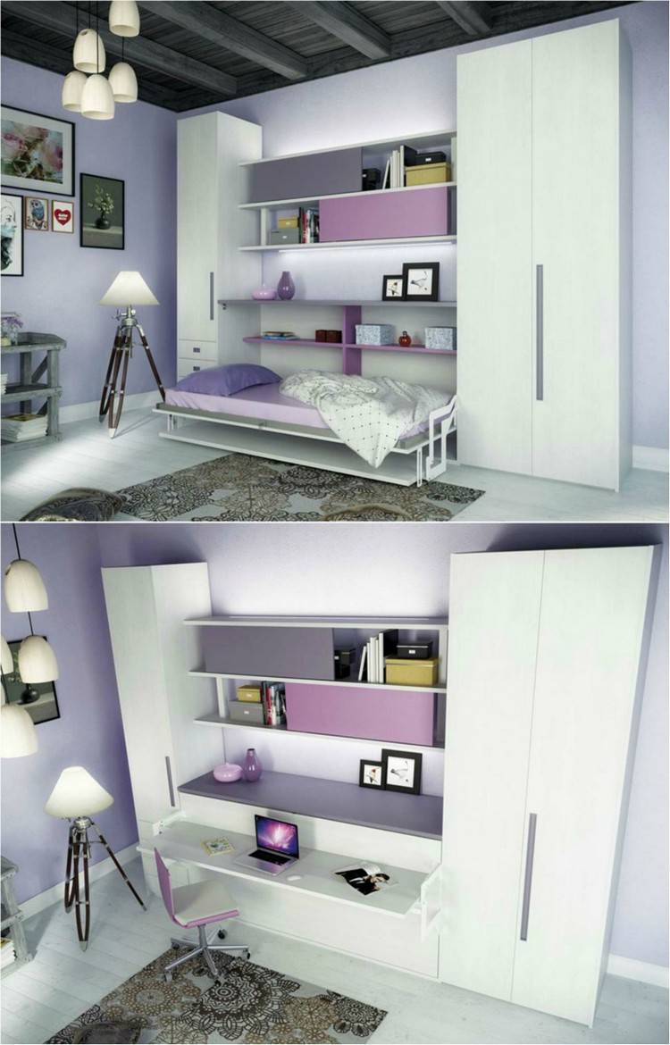 غرفة اطفال - غرفة شباب - اثاث - سرير قابل للطي - مكتب - بنت - ارجوانى - ابيض - 955