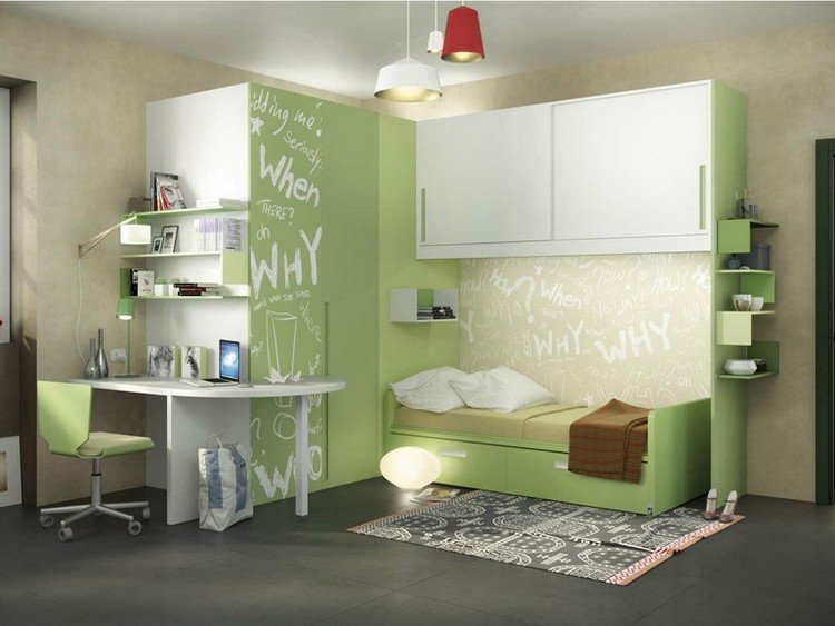 غرفة الأطفال-غرفة الشباب-أثاث-ولد-سرير مفرد-مساحة تخزين-أخضر-أبيض -949
