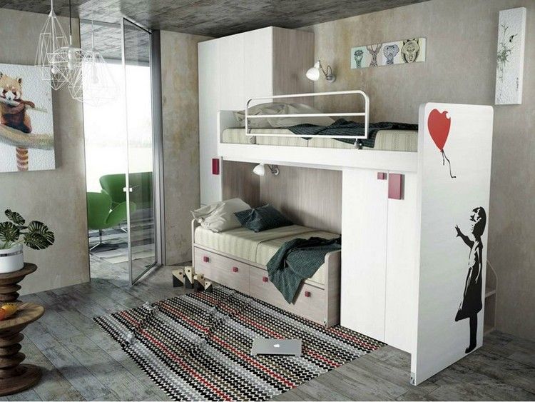 غرفة اطفال - غرفة شباب - أثاث - سرير علوي - خزانة - فتى - ابيض - خشب - 950