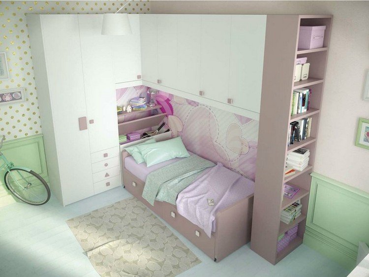 أثاث غرفة الأطفال والشباب سرير مفرد - تخزين - دولاب ملابس - أرفف - وردي - أبيض - 930