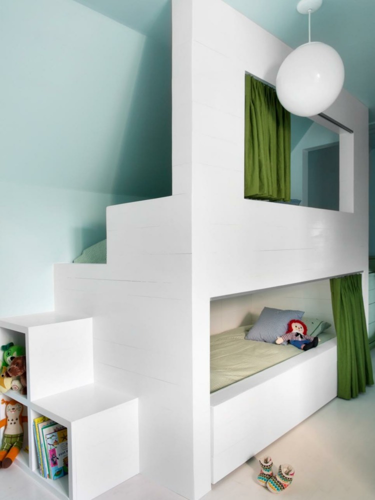 غرفة أطفال تحت السقف بتصميم علوي وسرير سلالم ورف ستائر بيضاء خضراء
