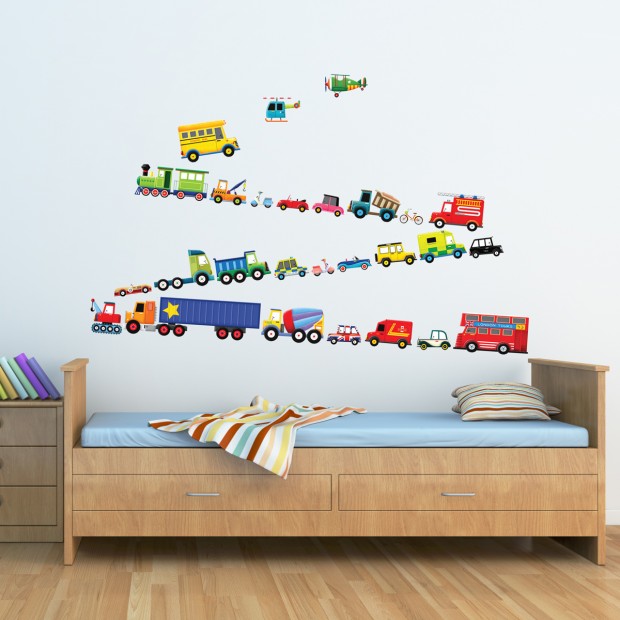 ملصقات جدران ملونة بتصميم غرفة الأطفال شاحنات سيارات بوي