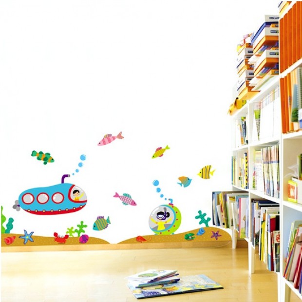 أفكار لغرفة الأطفال مغامرات غواصة أرفف جدارية بيضاء
