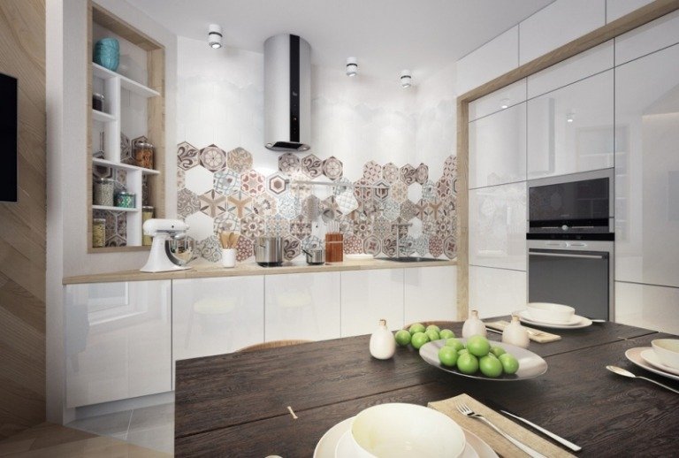 مطبخ صغير - حائط - تصميم - نقش - بلاط - سداسي - أبيض - شديد اللمعان - واجهات خزانة