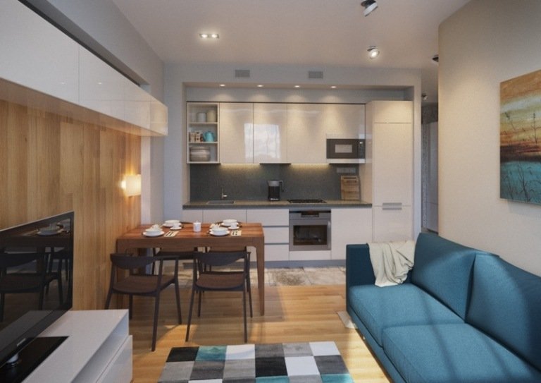 غرفة المعيشة-مطبخ-صف واحد-شديد اللمعان-أبيض-رمادي-سطح عمل-خشب-طاولة طعام-زرقاء-أريكة