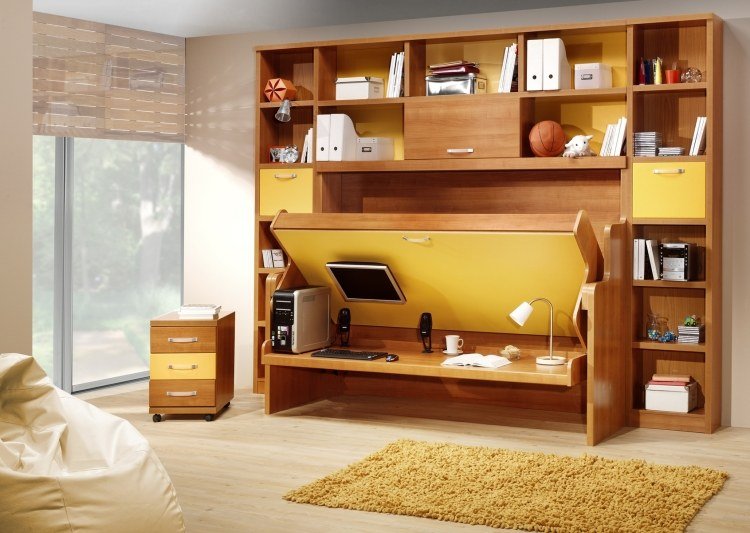 غرفة صغيرة - تأثيث - مساحة - خلق - سرير - قابل للطي - خزانة - خشب - أصفر