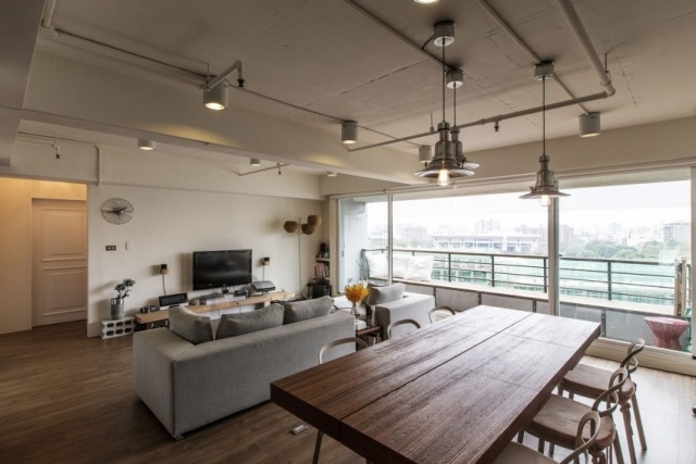غرفة معيشة - شرفة - منظر - تايوان - ريفي - خشب متين - طاولة طعام