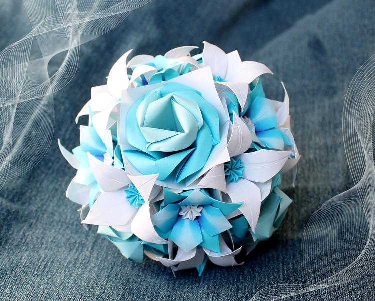 Kusudama زهرة الكرة الورود لوتس اوريغامي الأزرق الأبيض