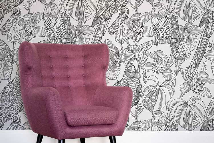 ورق حائط بأفكار نمطية-غرفة جلوس-تصميم-ورق حائط-كرسي بذراعين-بنفسجي