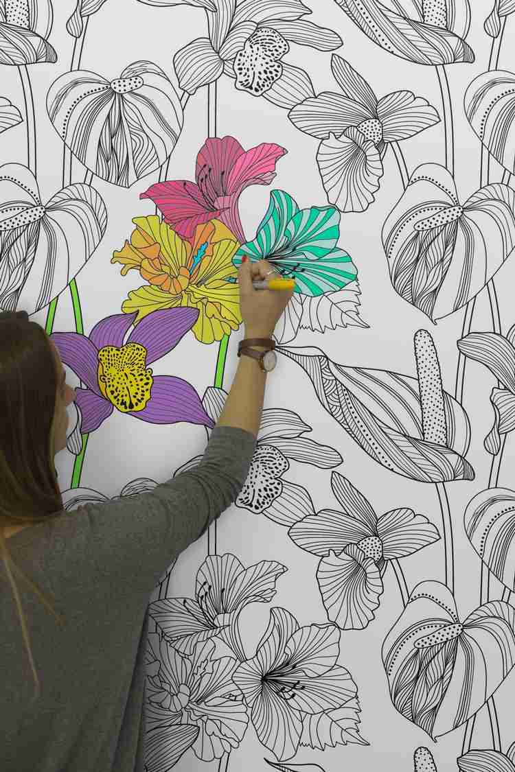 ورق حائط-نمط-استوائي-زهور-زخارف-جدار-تصميم-أفكار-ملون