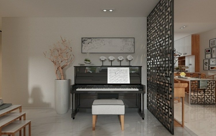 غرفة جلوس بسيطة مقسم-على الطراز الآسيوي-أسود-بيانو