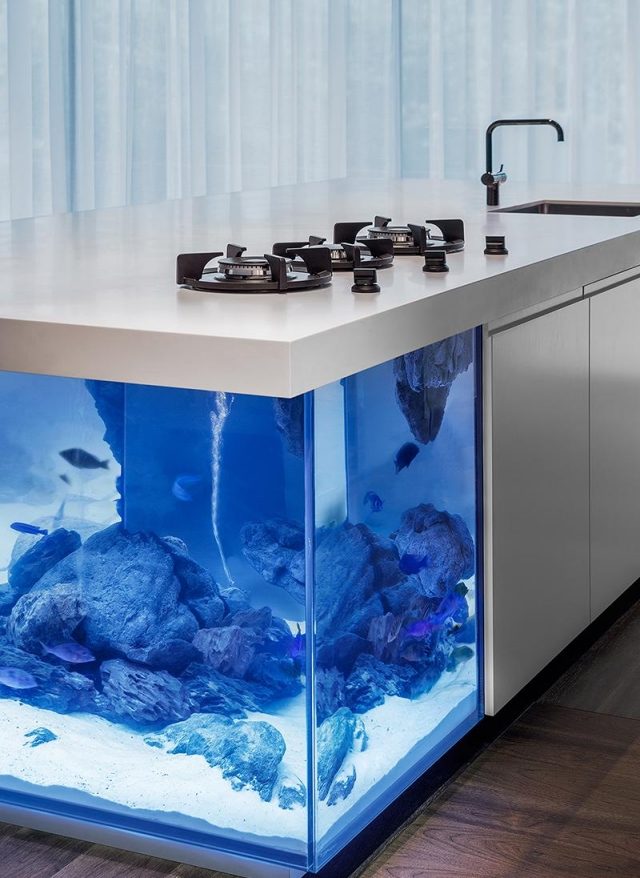 تصميم-مطبخ-واجهات-بيضاء-أجهزة-حوض-سمك-مع-سمكة