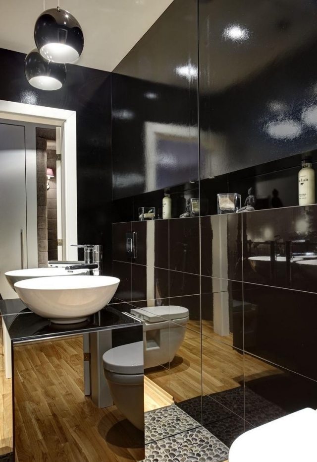 الحديثة-الحمام-شديد اللمعان-البلاط-الأسود-مرآة-الحائط-قائم بذاته مغسلة