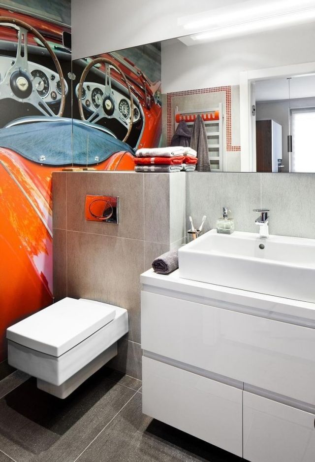 ديكورات حمامات صغيرة - برتقالي - رمادي - صور - ورق حائط - سيارة - عزر