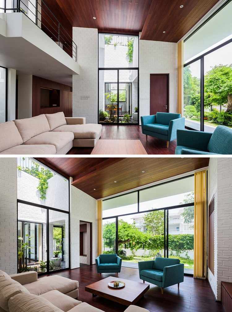 منزل-داخلي-غرفة معيشة-غرفة-خشبية-سقف-كبير-نوافذ-فيو-خضراء-حديقة