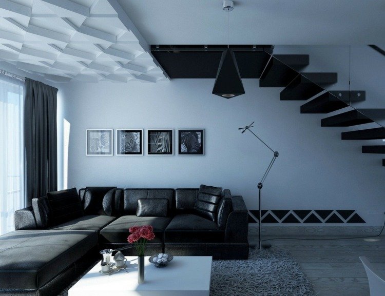 تصميم السقف الحديثة تأثير 3D الأبيض الدرج الأسود أريكة الزجاج الدرابزين