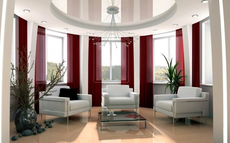 تصميم السقف الستائر الحديثة الأثاث الأحمر الزجاج الأبيض طاولة القهوة
