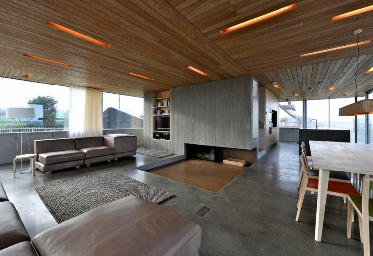 سقف حديث تصميم إضاءة خشبية مدفأة أرضية خرسانية