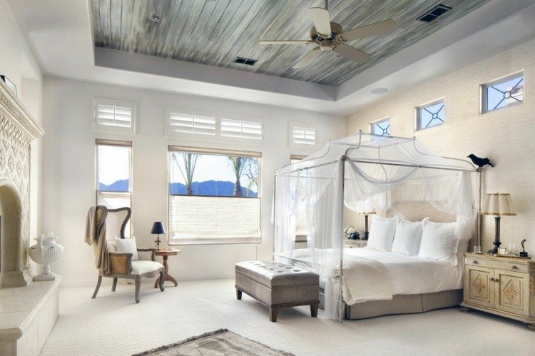تصميم السقف الحديث الخشب الرمادي السرير أربعة أعمدة أثاث رومانسي