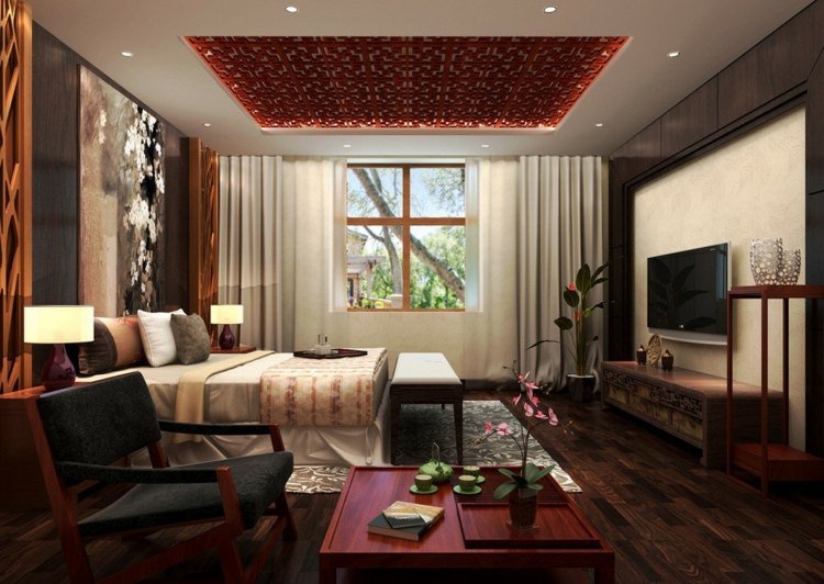 تصميم سقف حديث منخفض على الطراز الياباني لغرفة النوم باللون الأحمر