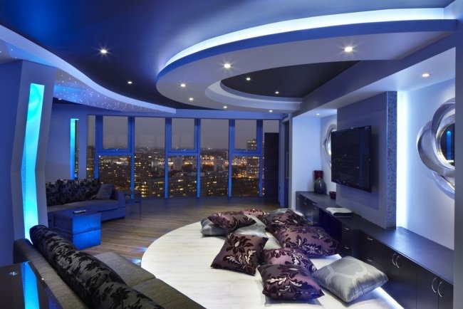 الحديثة تصميم السقف غرفة المعيشة تأثيرات الضوء الأزرق لمعان الفضة