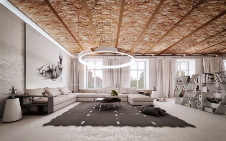 تصميم سقف حديث من الطوب الخشبي المقبب لغرفة المعيشة المشرقة