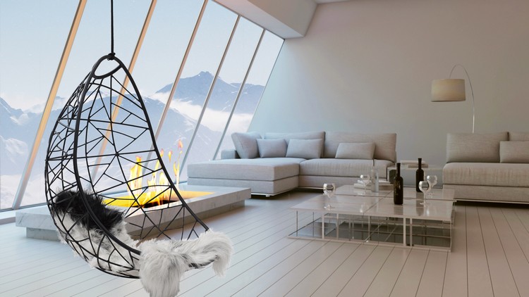 كرسي معلق بأثاث حديث التصميم - جلد غنم - غرفة معيشة - منظر - جبال - ثلج