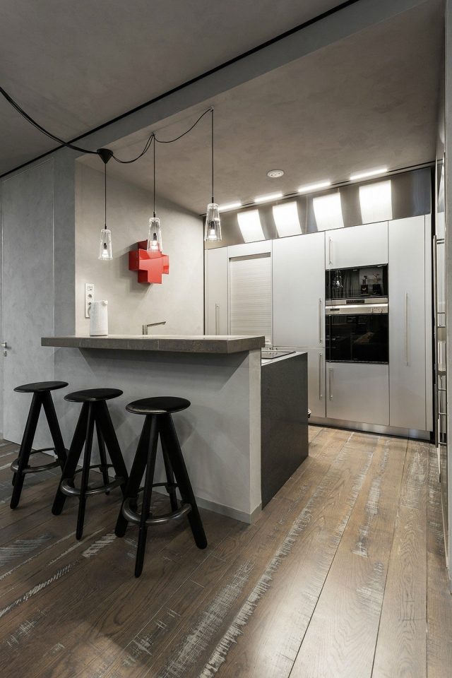استوديو-شقة-تصميم-مطبخ-طاولة طعام-بار كرسي-أسود