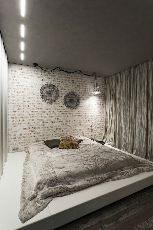 غرفة نوم-تأثيث-طراز صناعي-طوب-حائط-ابيض