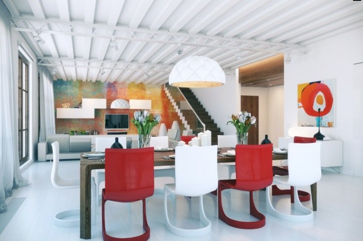 تأثيث غرفة الطعام الحديثة كراسي بيضاء حمراء فكرة الجدول خليط الخشب الداكن