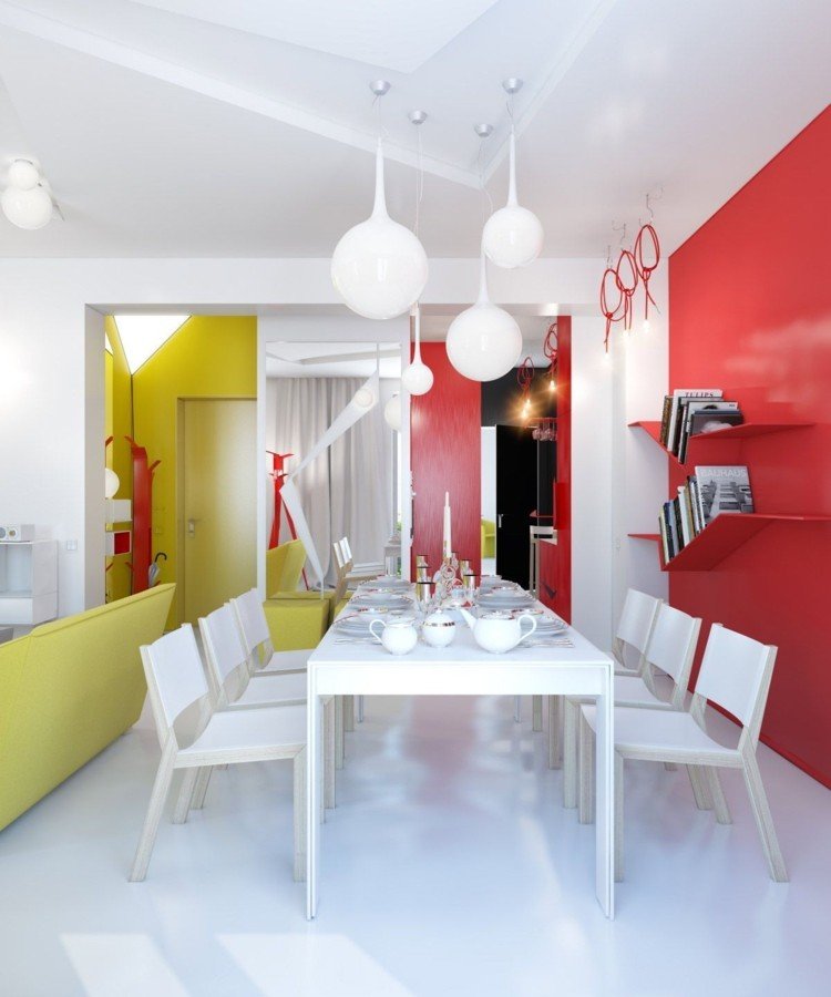 أثاث غرفة الطعام الحديثة أثاث أبيض اللون الأحمر الأصفر لهجة الجدار