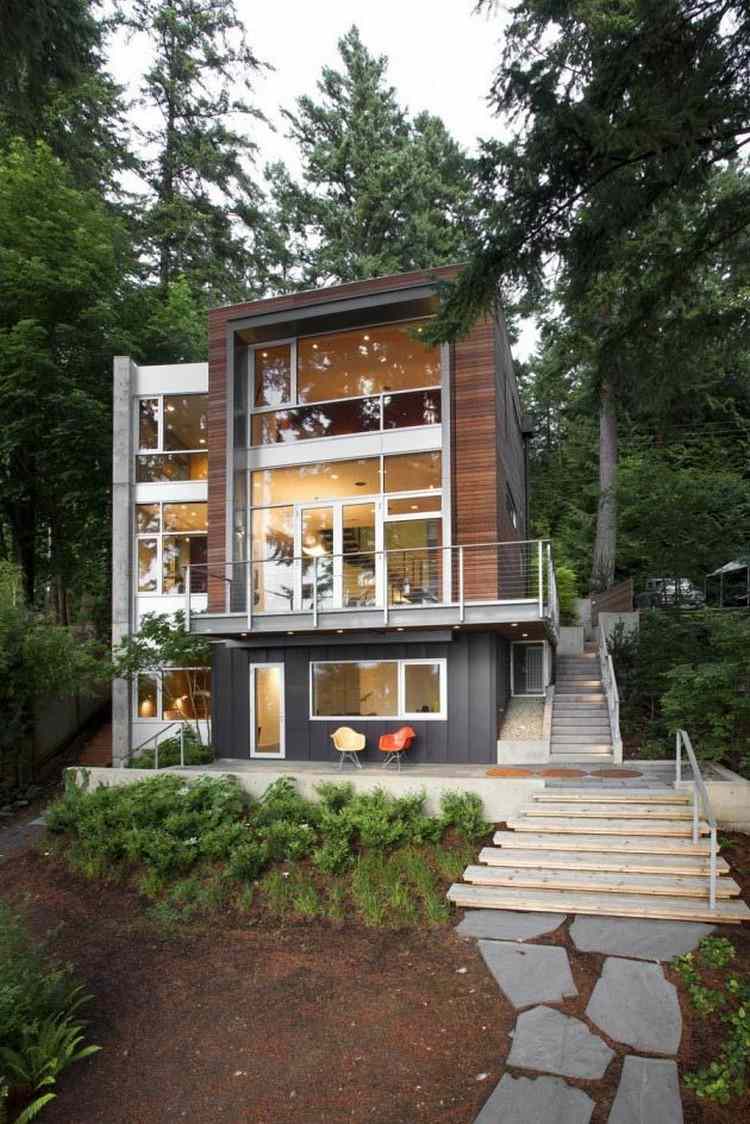 واجهة منزل خشبية حديثة - أفقية - من الأرض إلى السقف - زجاج