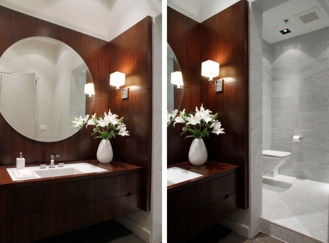 شقة مونتريال - أثاثات الحمامات - الألواح الخشبية - مرآة الحائط الإضاءة البلاط - نظرة خرسانية