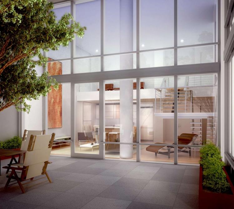 تصميم حديقة - تراس - تصميم حديث - منزل - خرساني - بلاط - زجاج - جدار - بانوراما - نوافذ