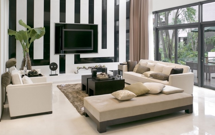 تصميم حائط باللونين الأبيض والأسود - غرفة المعيشة - خطوط - تلفزيون - أريكة - بيج