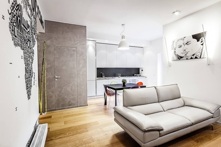 تصميم الحائط باللونين الأبيض والأسود -غرفة المعيشة-popart-picture-couch-gray-floor-modern-Youthful