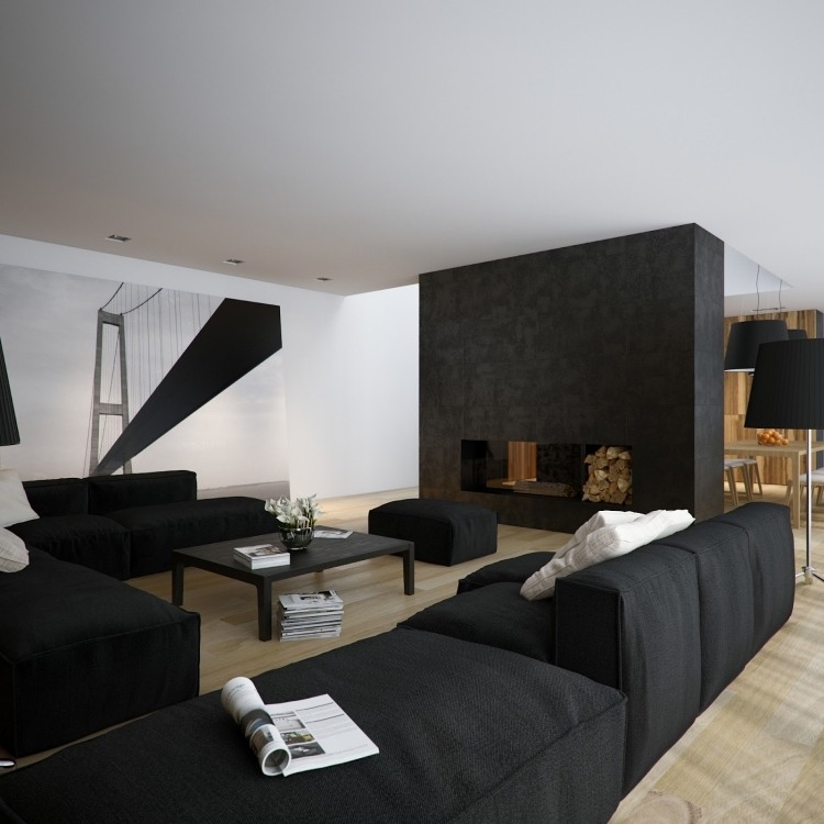 تصميم حائط-أسود-أبيض-غرفة معيشة-جسر-واقعي-معياري-أريكة-أرضية خشبية